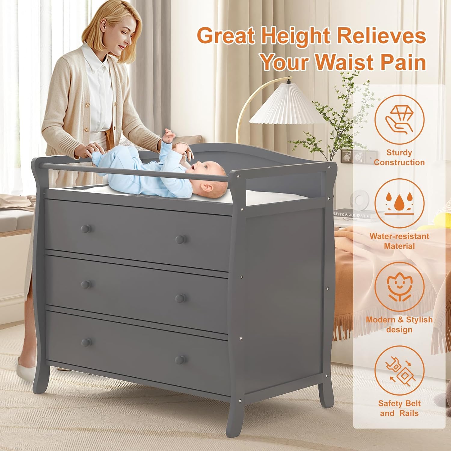 Baby Nursery Dresser - 3-х ящиков, детский пеленальный столик, деревянная