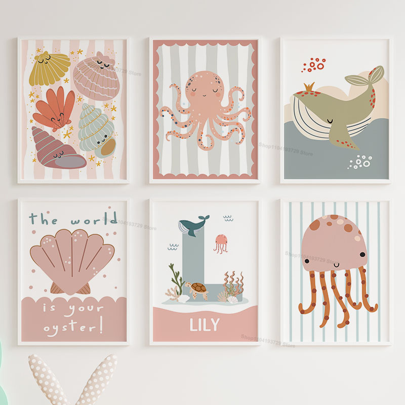 Baby Nursery Name Wall Art - Мультяшные киты, осьминоги, медузы, морские гребешки: