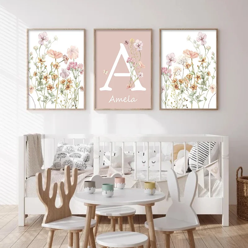Baby Nursery Name Wall Art - Постеры с розовыми полевыми цветами и