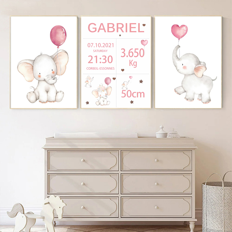 Baby Nursery Elephant - Розовое детское название на заказ, дата