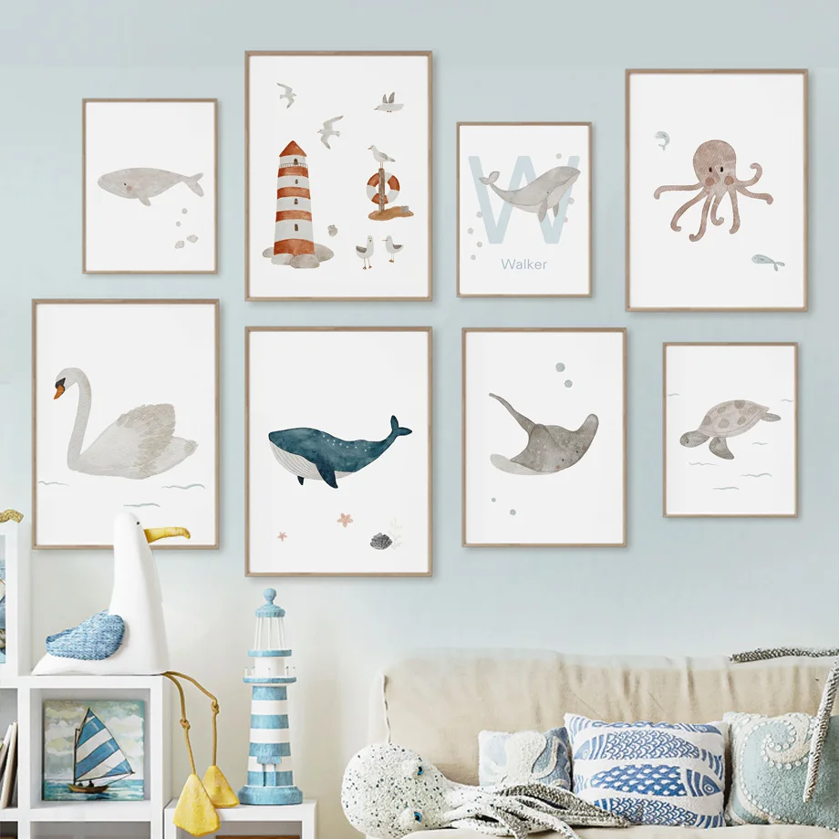 Baby Nursery Name Wall Art - Пользовательское имя Кит Осьминог Черепаха Лебедь