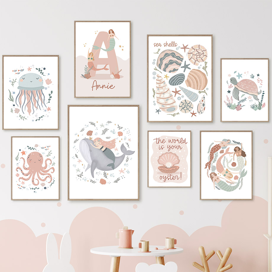 Baby Nursery Name Wall Art - Мультяшные морские животные: кит, русалка, постеры